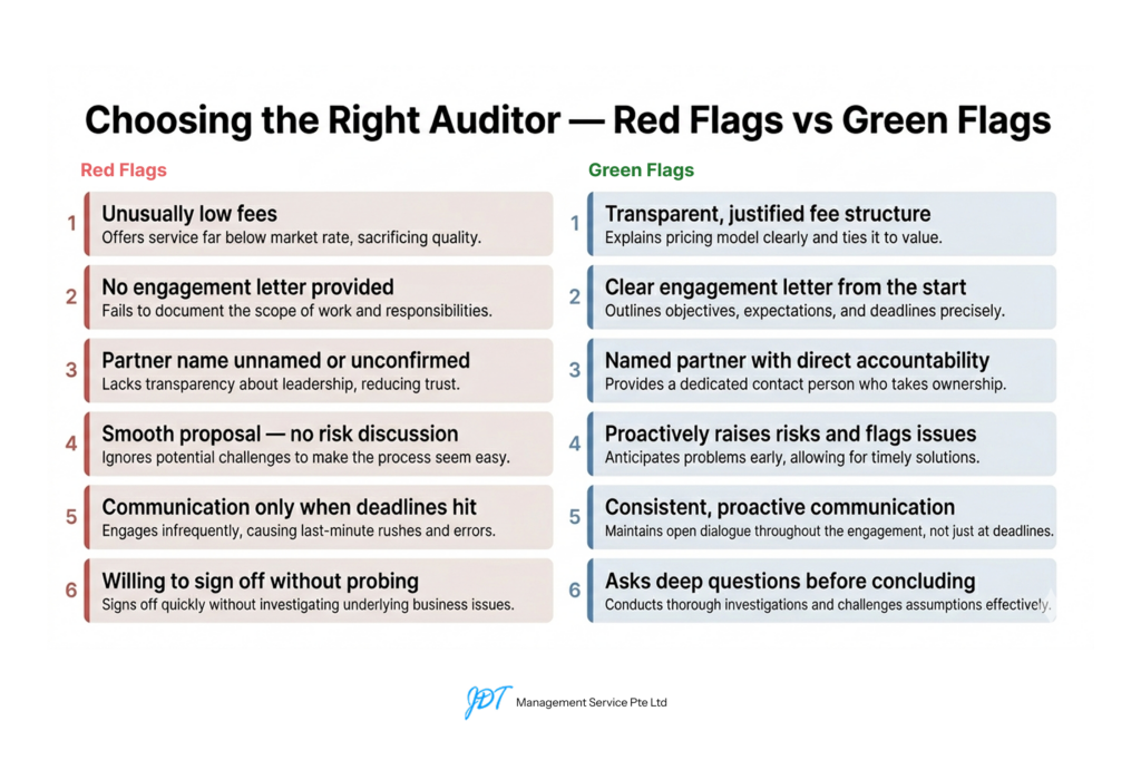 Red flags and green flags checklist for choosing a company auditor in Singapore