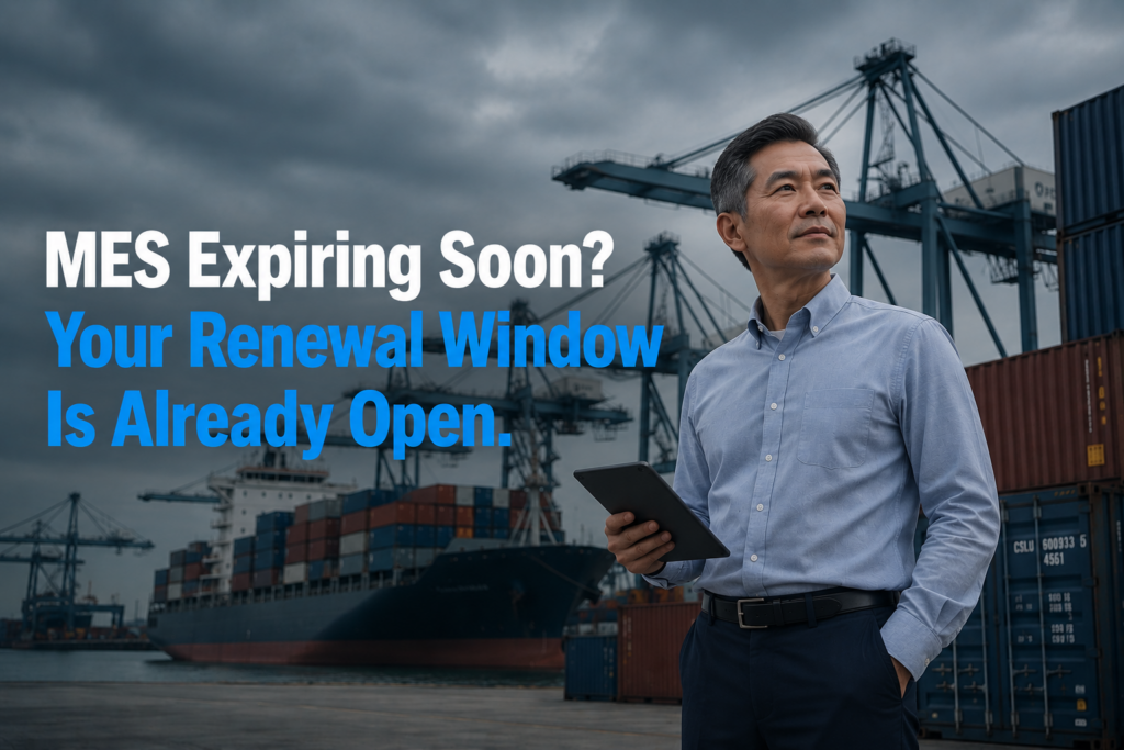MES Singapore renewal call to action — bold graphic stating the Major Exporter Scheme renewal window is already open, with Singapore container port in background