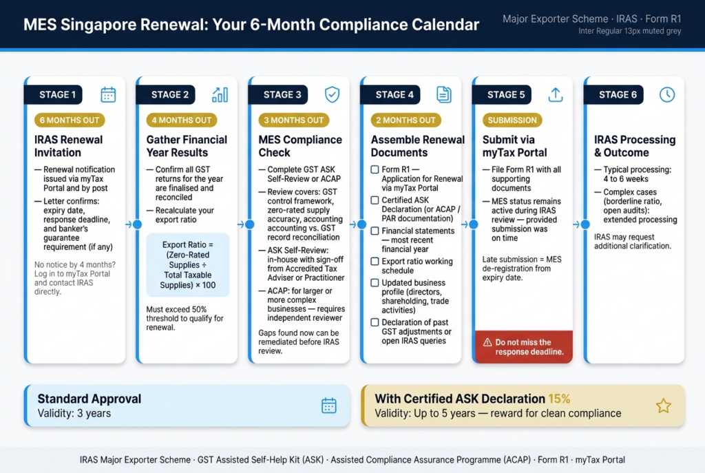 Six-stage MES Singapore renewal compliance timeline showing key milestones from IRAS invitation to Form R1 submission and outcome in Singapore