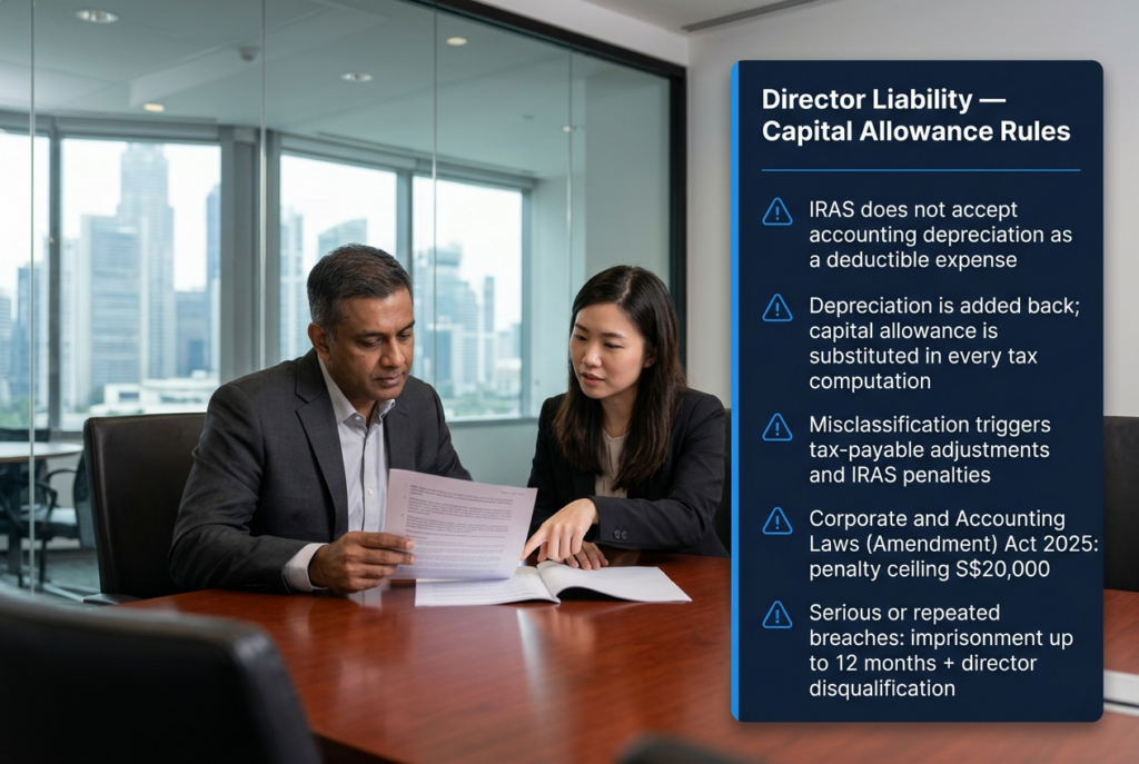 Singapore director and accountant reviewing a capital allowance tax computation in a boardroom, with a graphic panel showing director liability rules under Singapore's 2025 corporate laws
