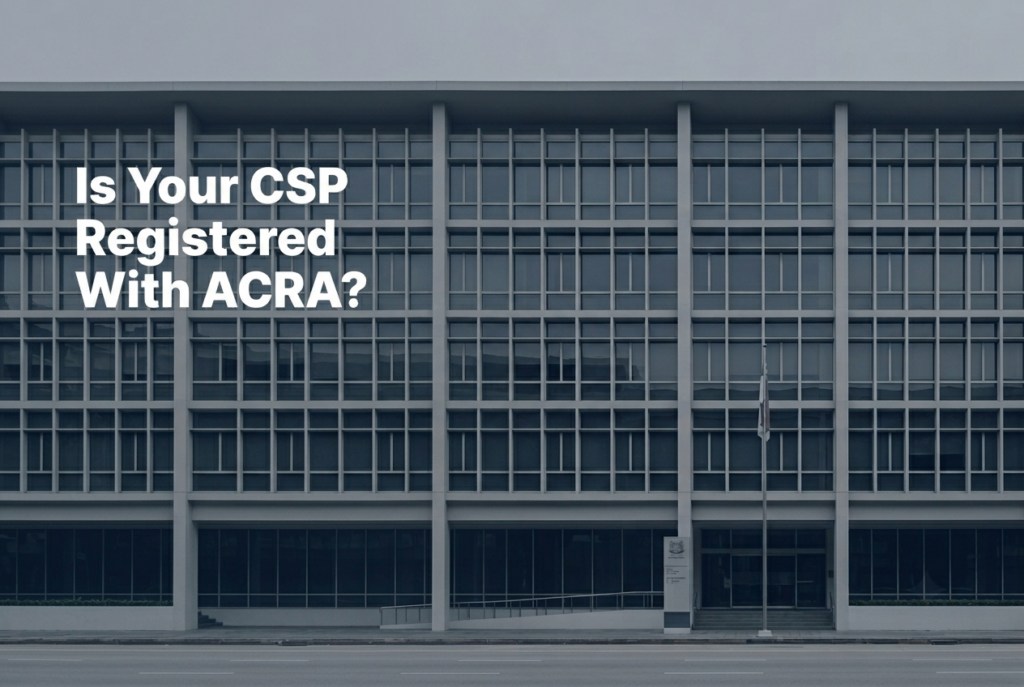 Bold CTA graphic asking whether your corporate service provider is registered with ACRA under the CSP Act Singapore, with Singapore institutional architecture in background in Singapore