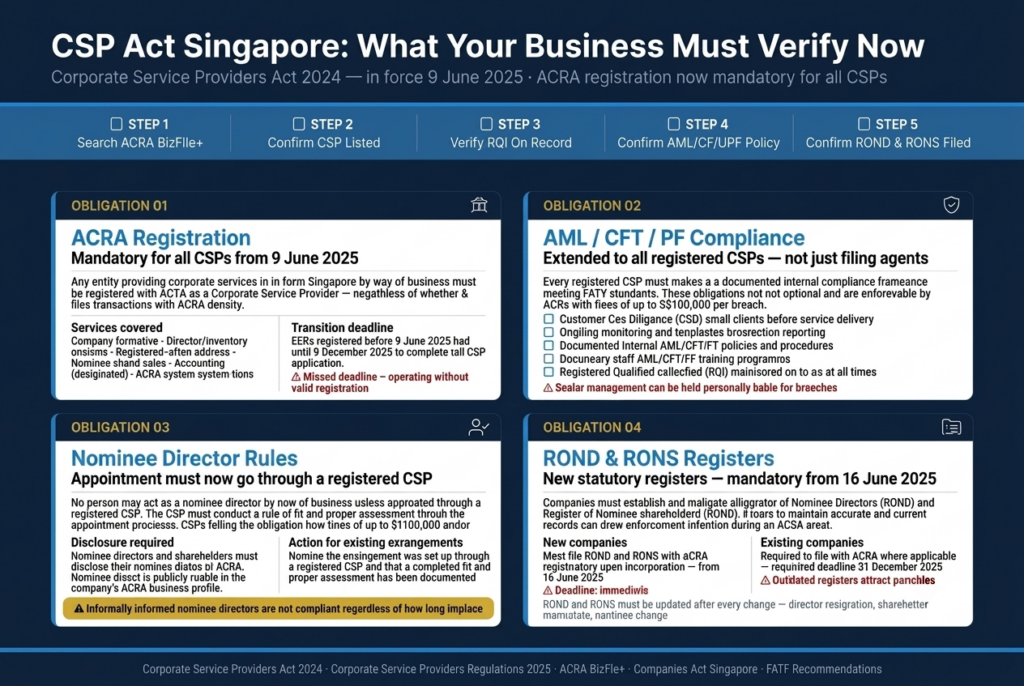 Four key obligations under the CSP Act Singapore — ACRA registration, AML/CFT/PF compliance, nominee director rules, and ROND/RONS registers with verification checklist in Singapore