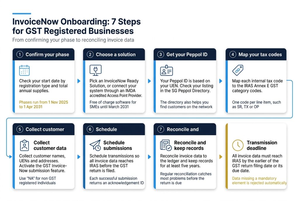 Seven step process flow for GST InvoiceNow onboarding, from confirming your phase to reconciling invoice data, in Singapore