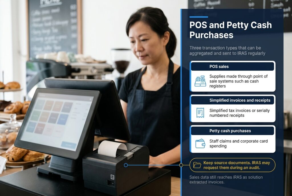 Café owner at a point-of-sale terminal with a graphic listing POS sales, simplified invoices and petty cash purchases for InvoiceNow aggregation in Singapore